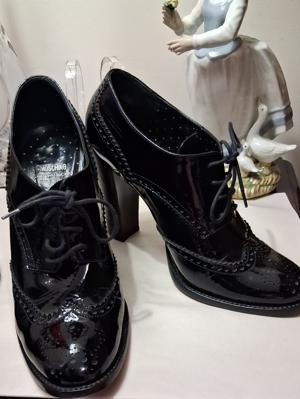 Moschino Black Patent Leather Lace-Up Heeled Brogues